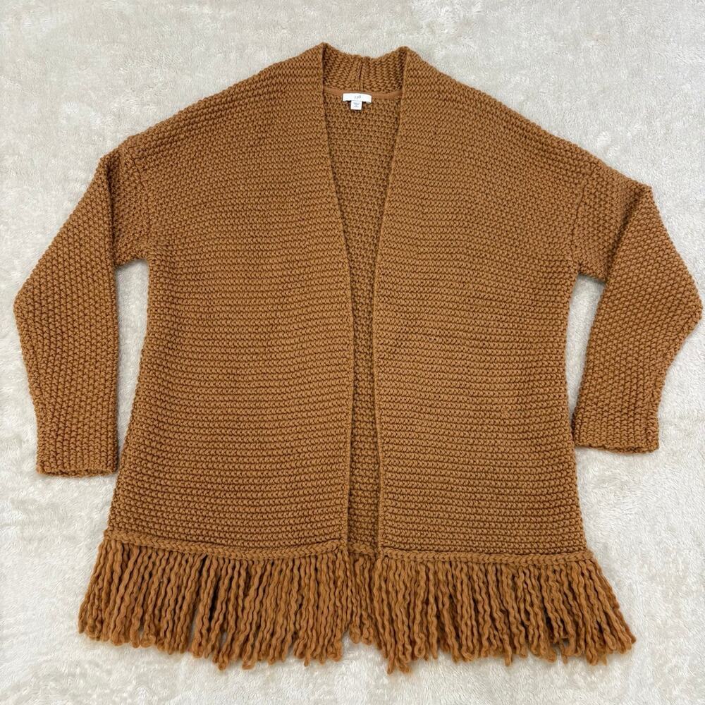 J Jill Womens M Camel Brown Wool Blend Fringe Open Cardigan Sweater Boho